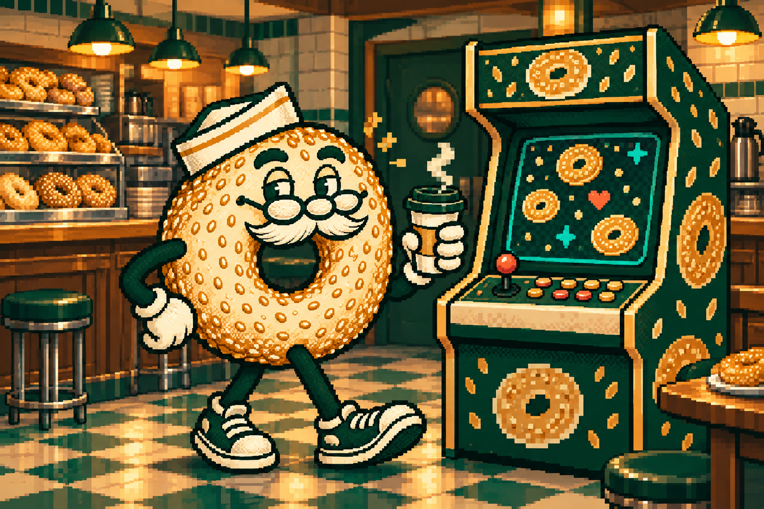 Pixel-art Goldy beside an arcade cabinet
