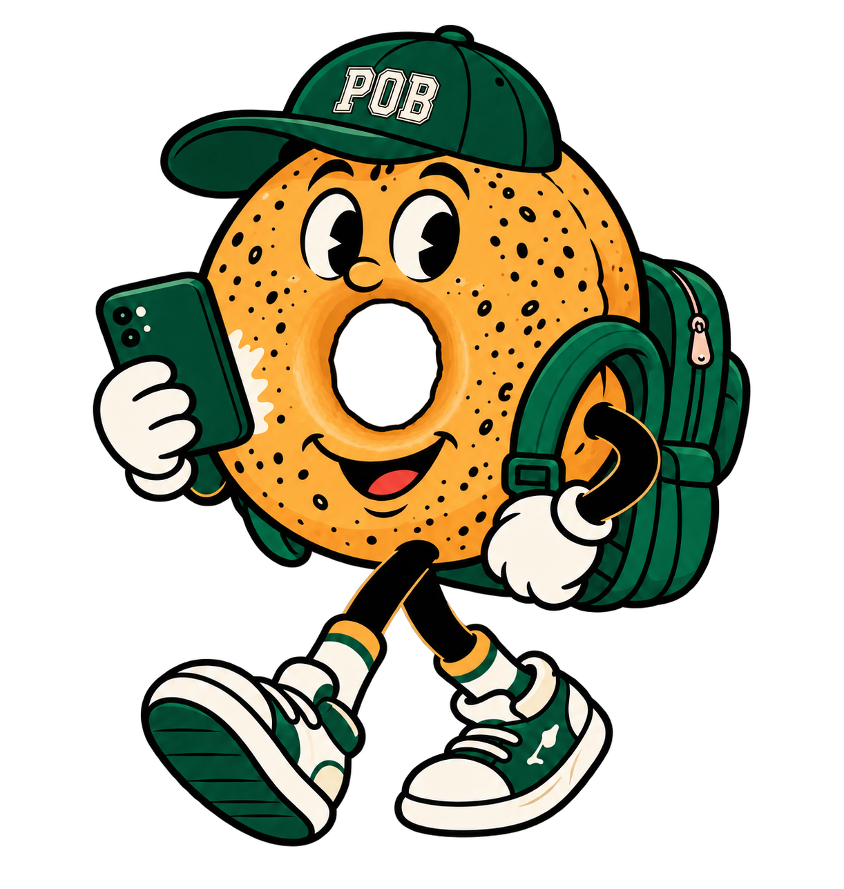 Ace has an open bagel center, a green POB cap and backpack, and a green phone.