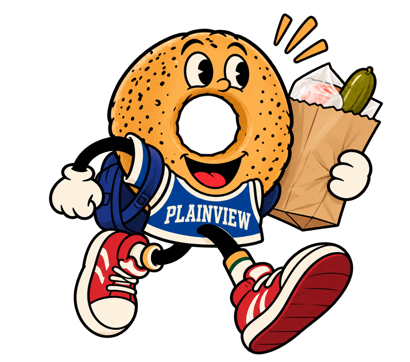 Dash has an open bagel center and wears his blue PLAINVIEW jersey and backpack with red sneakers.