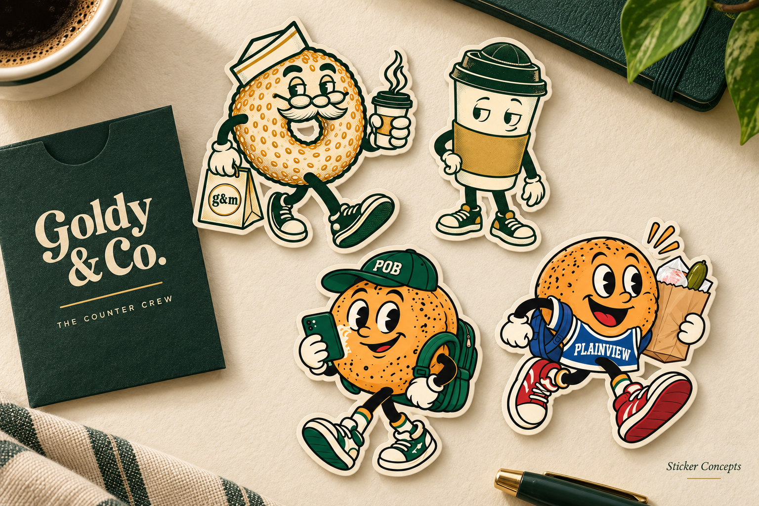 Four die-cut sticker concepts of Goldy, Meyers, Ace and Dash beside a Goldy and Co. paper sleeve
