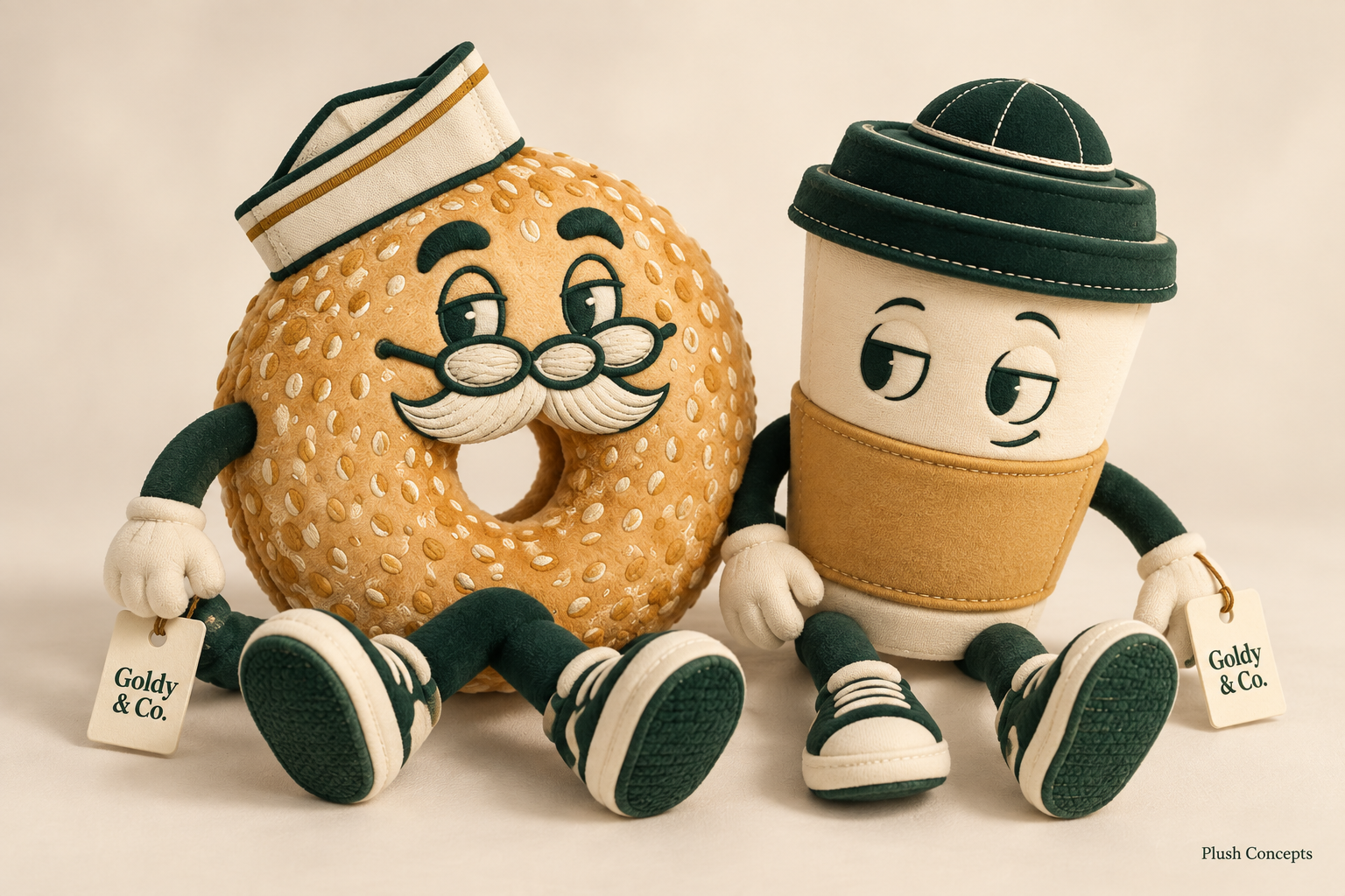 Goldy and Meyers plush concepts with embroidered faces, soft limbs and matching green sneakers