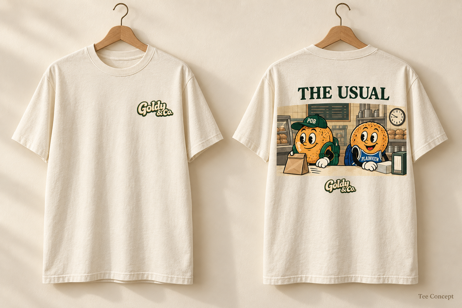 Front and back concept for a cream Goldy and Co. tee, with The Usual Ace and Dash scene on the back
